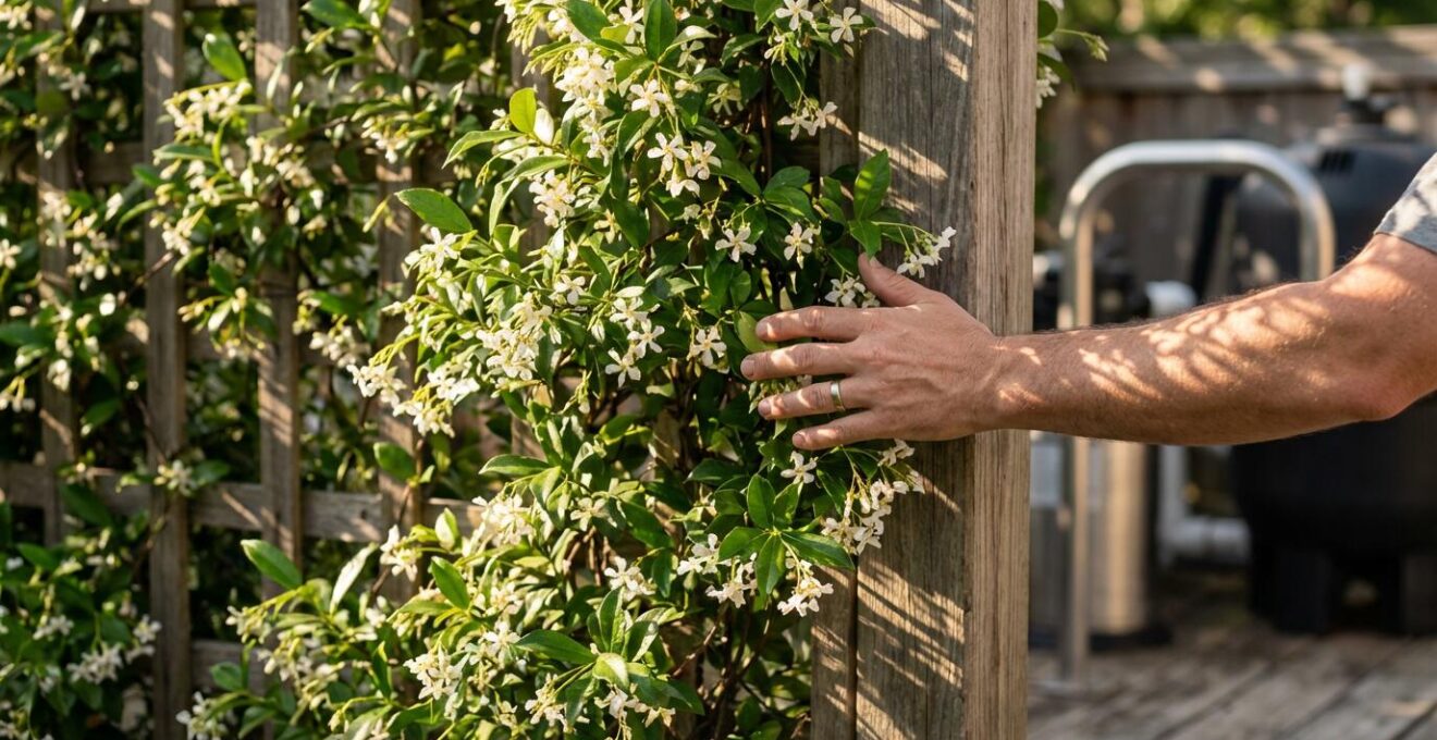 Living green wall of broadleaf evergreens concealing pool equipment with trellis structure