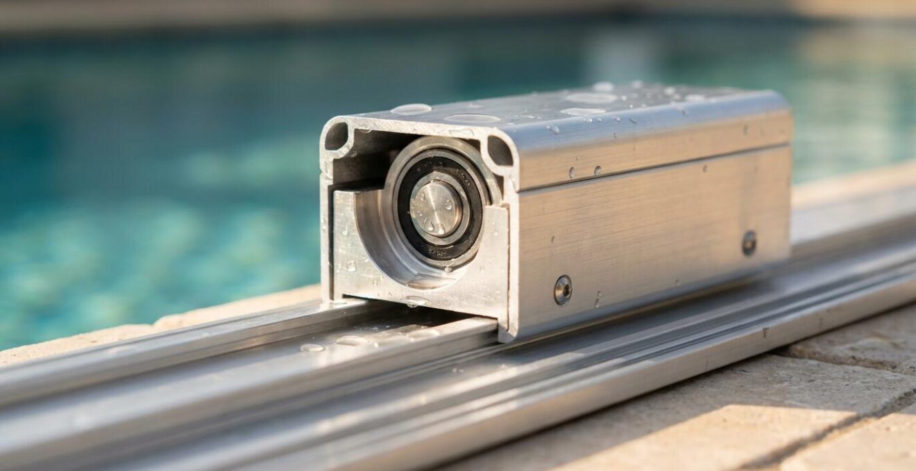 Close-up of automated pool cover mechanism with smart control panel