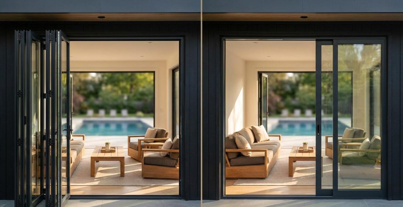 Split view showing bi-fold doors on left and sliding pocket doors on right of pool house
