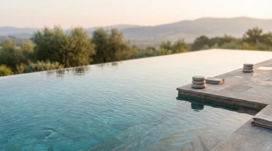 Luxury bio-mineral swimming pool with crystal clear water surrounded by natural spa elements for eczema relief