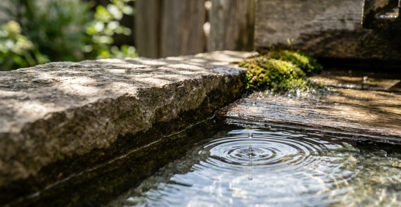 Serene pool area with natural materials and abundant greenery creating calming atmosphere