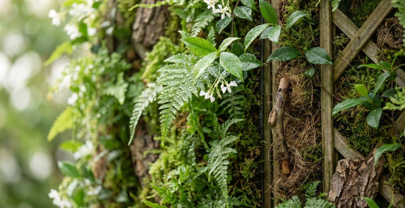 Lush vertical garden concealing pool equipment with a hidden access door integrated into the green wall design