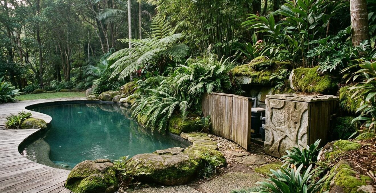 Natural swimming pool with lush tropical plants seamlessly hiding pool equipment behind strategic landscaping