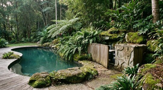 Natural swimming pool with lush tropical plants seamlessly hiding pool equipment behind strategic landscaping