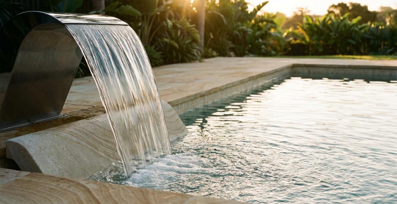 Luxury pool with therapeutic waterfall feature cascading onto therapy bench for neck and shoulder relief