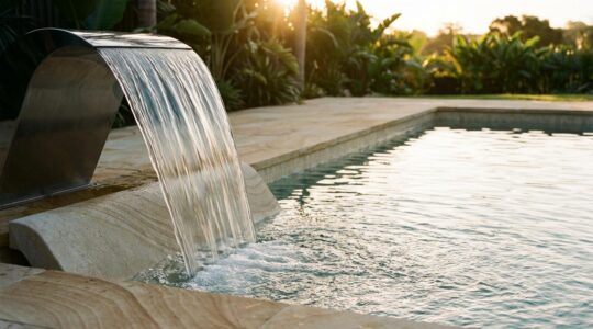 Luxury pool with therapeutic waterfall feature cascading onto therapy bench for neck and shoulder relief