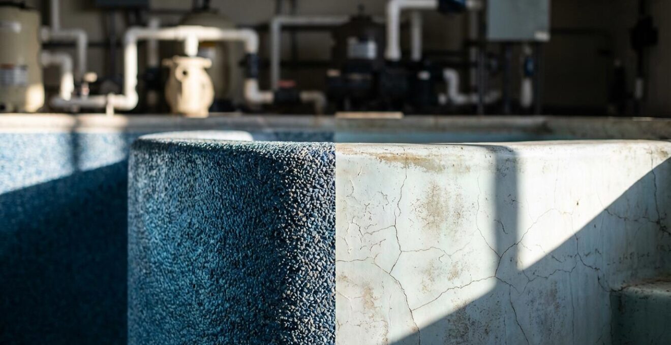 Split view comparison of concrete and fiberglass pool construction showing structural differences