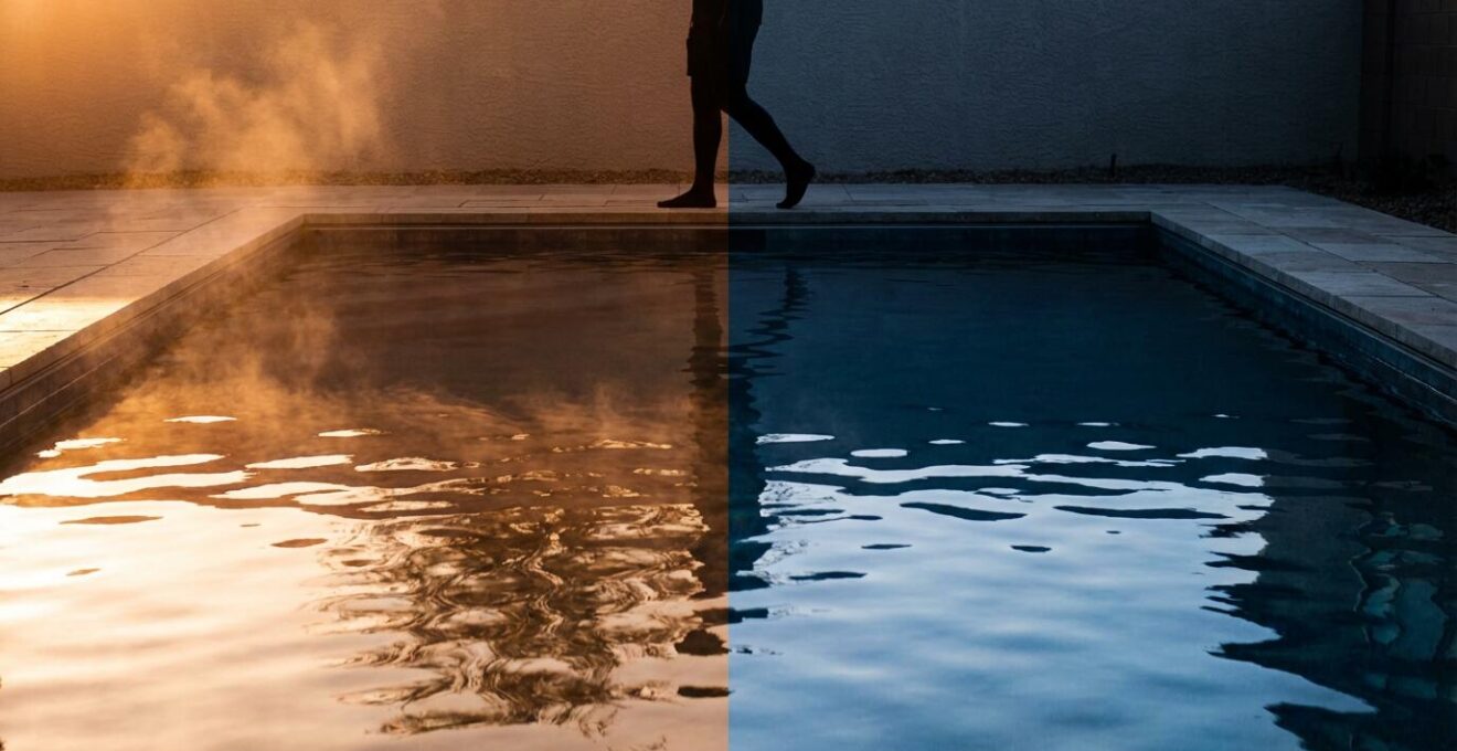 Split view of pool showing warm and cool temperature zones with visible steam and color temperature differences