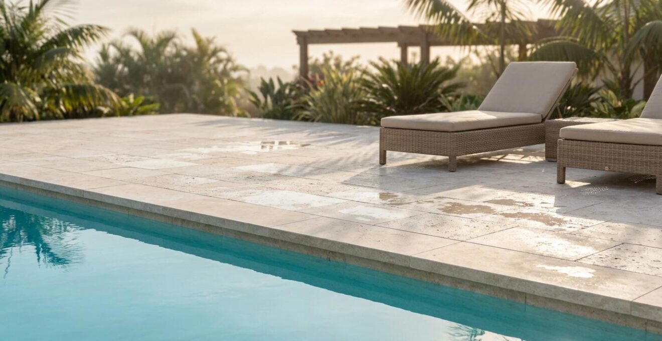 Modern pool deck with light-colored travertine pavers and shaded lounging areas under the summer sun