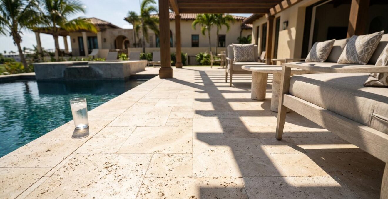 Mediterranean-style pool area showcasing travertine stone deck with visible temperature contrast between sunlit and shaded areas, highlighting its cooling properties in summer heat