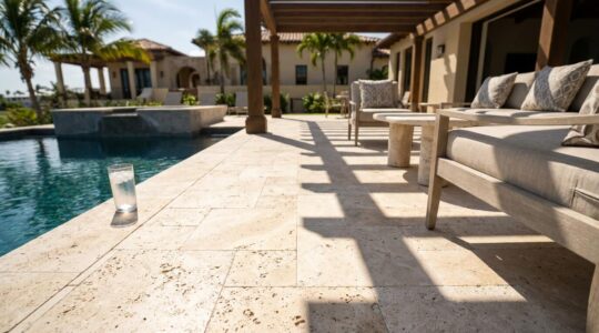 Mediterranean-style pool area showcasing travertine stone deck with visible temperature contrast between sunlit and shaded areas, highlighting its cooling properties in summer heat