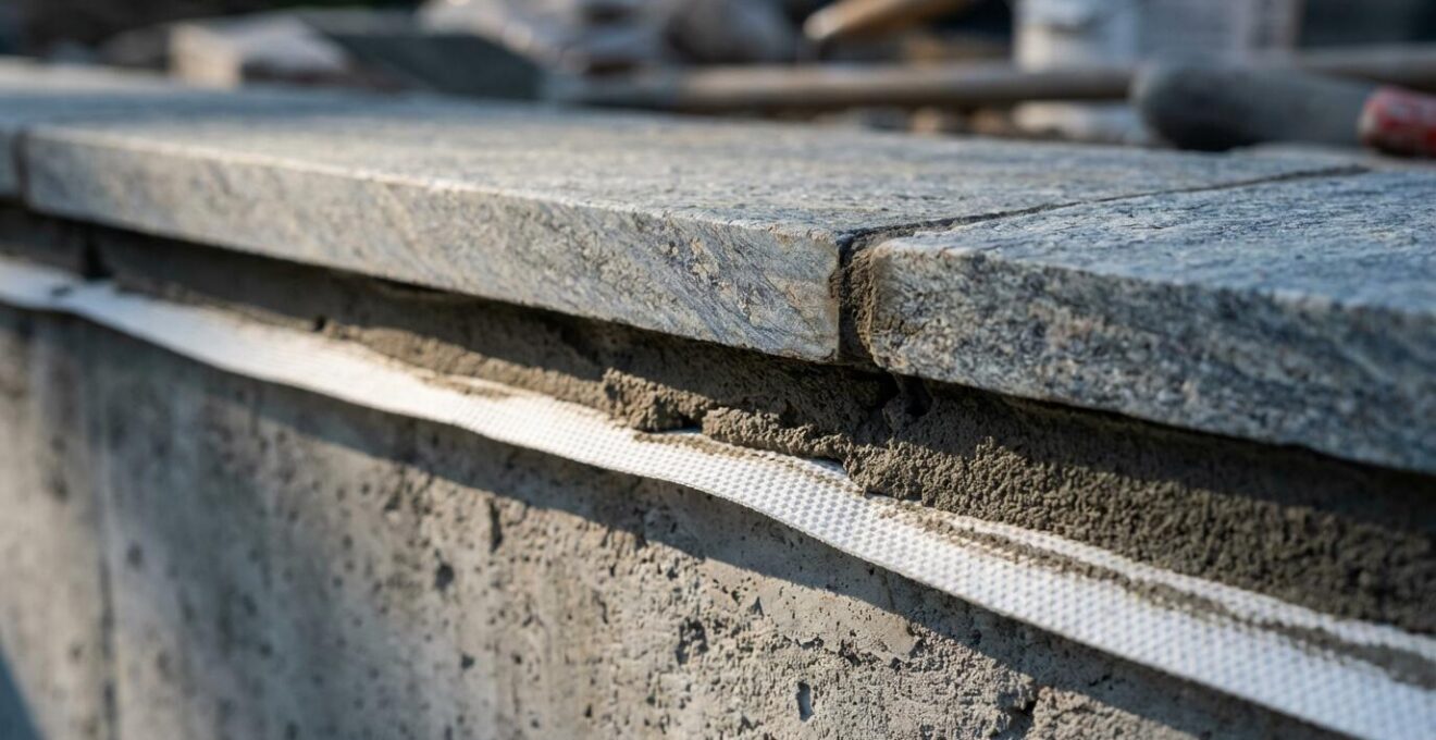 Close-up detail of pool coping stone installation showing decoupling membrane and double-bond technique