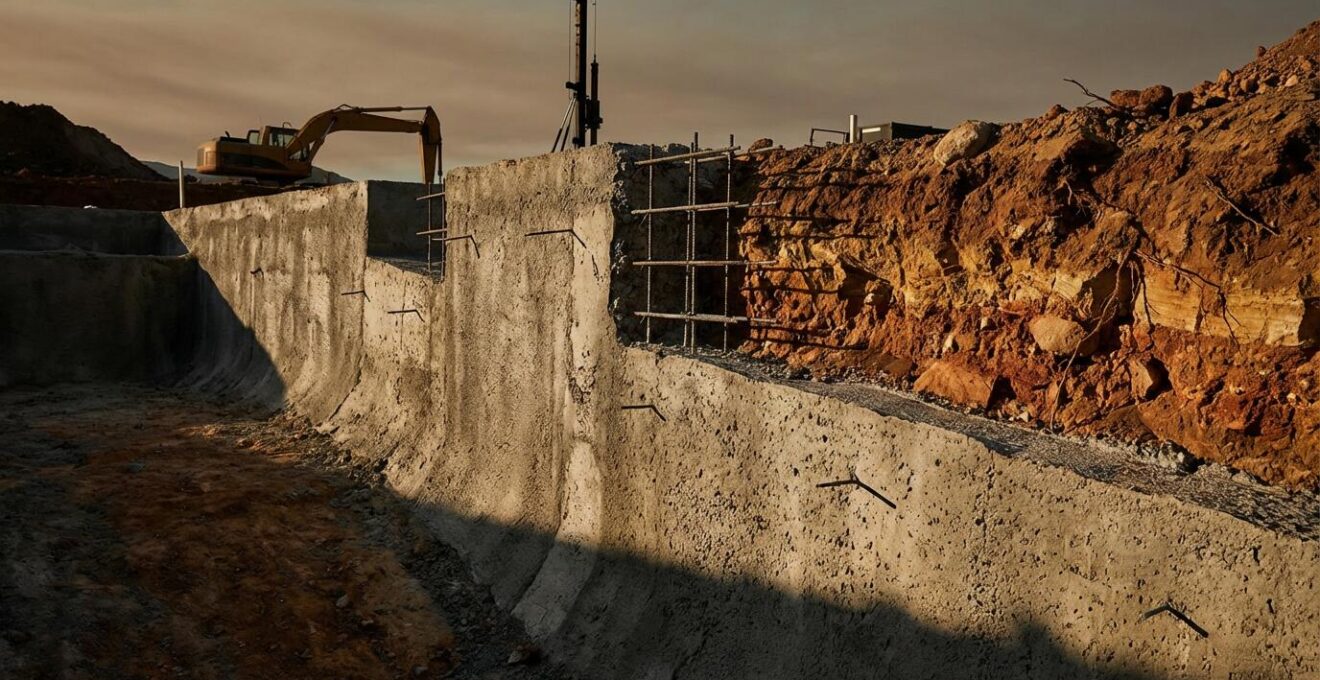 Cross-sectional view of pool wall showing graduated thickness from shallow to deep end