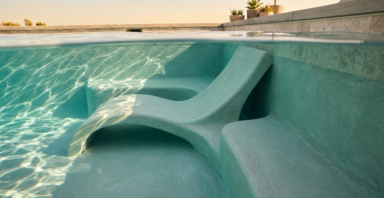 Underwater view of custom pool seating with ergonomic curves and lumbar support showing proper depth and angle
