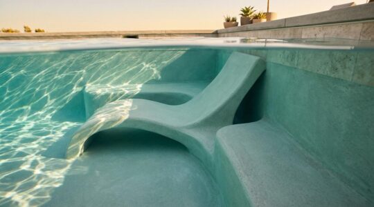 Underwater view of custom pool seating with ergonomic curves and lumbar support showing proper depth and angle
