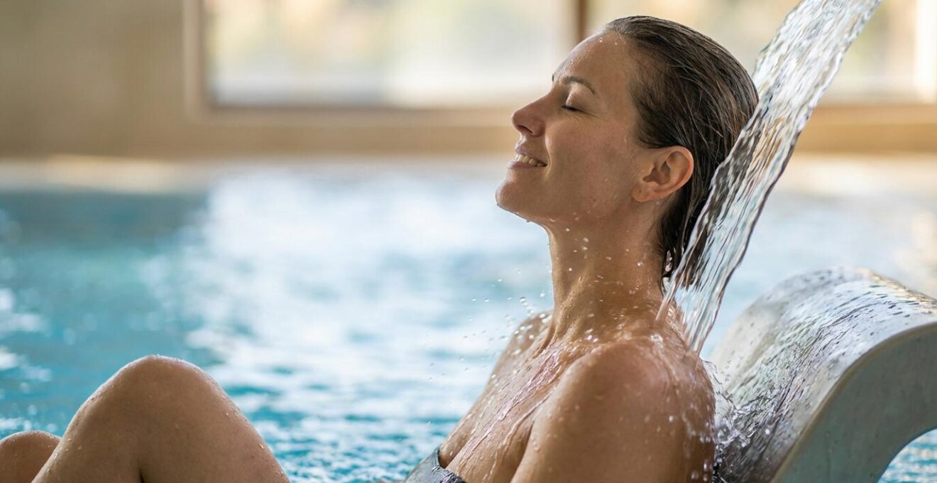Person seated on underwater therapy bench with perfect neck alignment under water stream