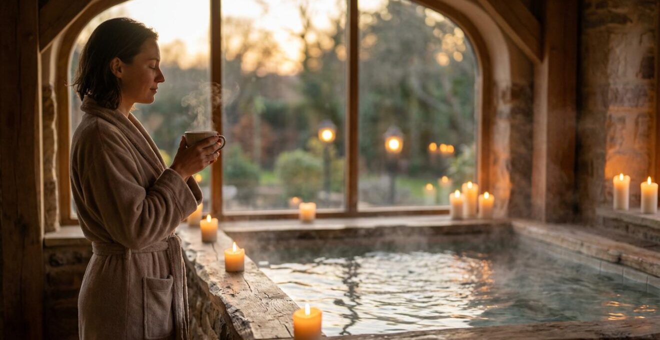 Peaceful evening spa scene with person preparing for therapeutic bath session