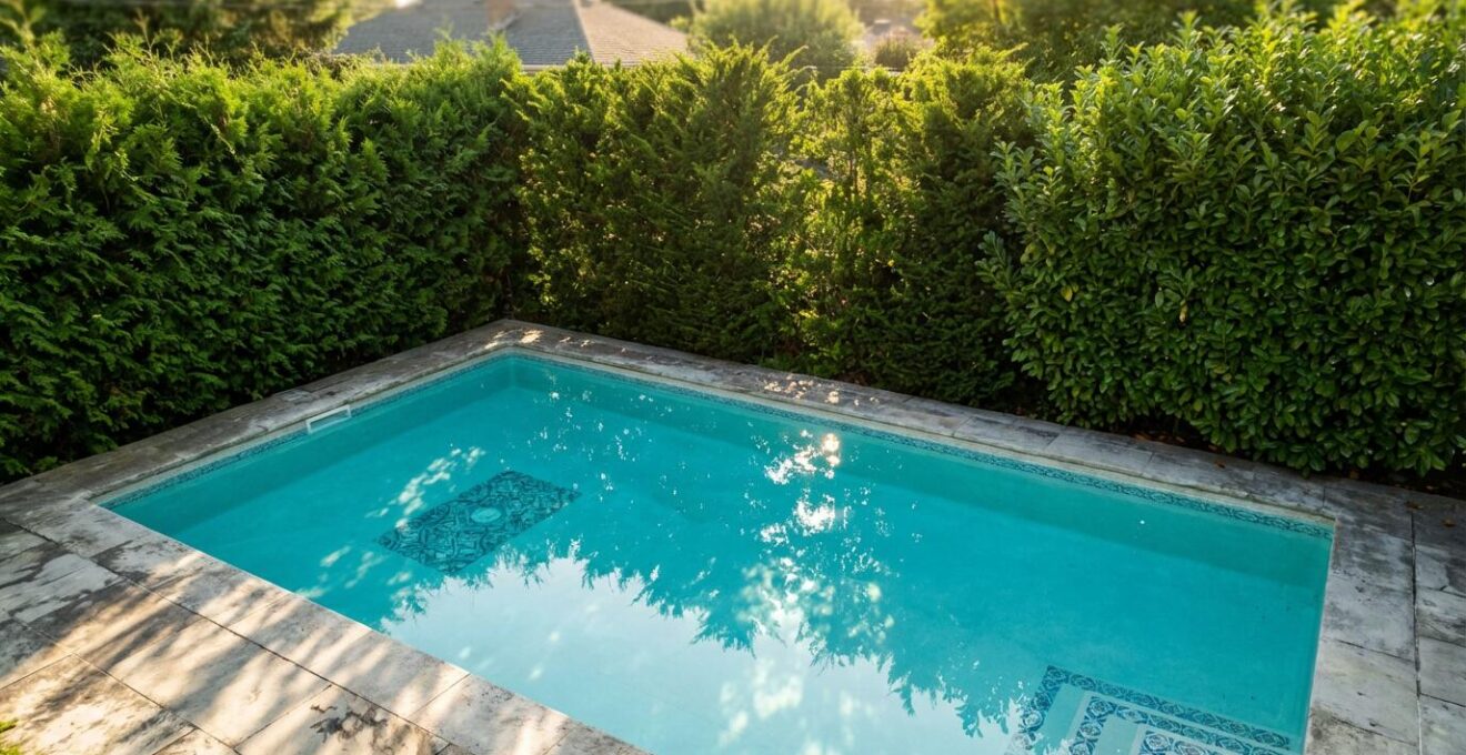 Lush evergreen hedge creating natural privacy screen around modern swimming pool