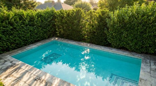 Lush evergreen hedge creating natural privacy screen around modern swimming pool