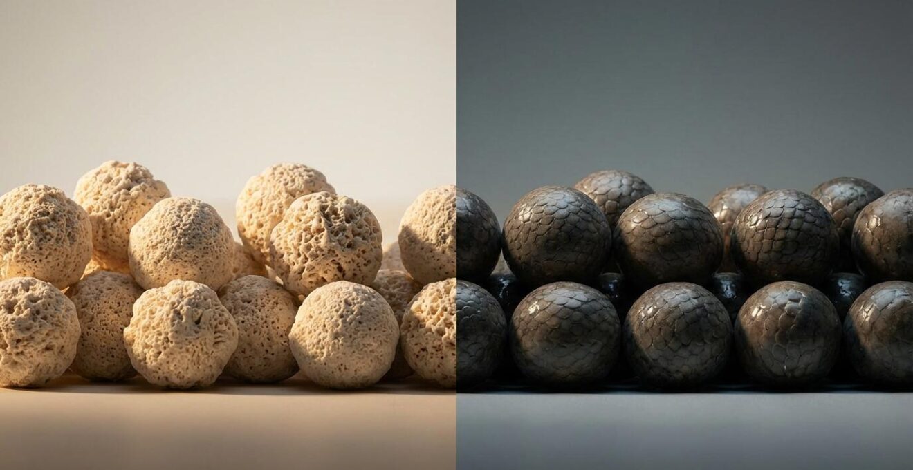 Side-by-side comparison of fresh textured bio-ceramic beads versus smooth exhausted beads
