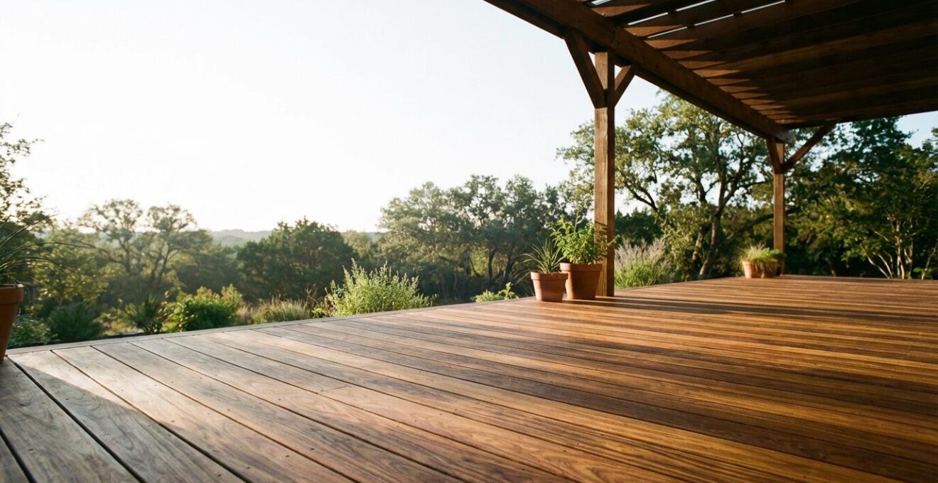 Professional photograph of luxurious exotic hardwood deck with rich natural color preserved through specialized treatment