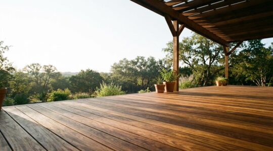 Professional photograph of luxurious exotic hardwood deck with rich natural color preserved through specialized treatment