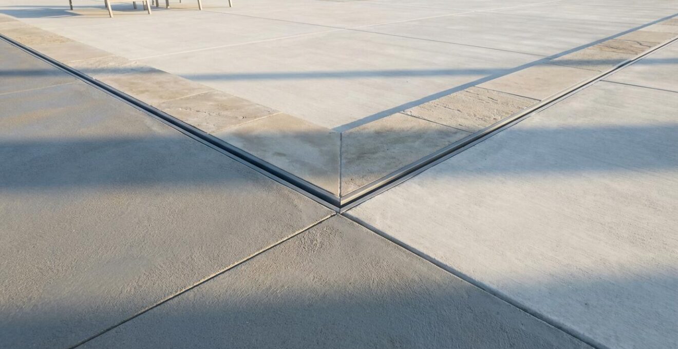 Aerial view of a pool deck corner showing a perfectly sealed expansion joint, demonstrating proper maintenance.