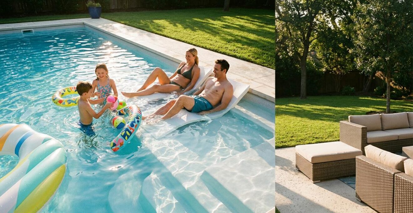 Active family enjoying crystal clear fiberglass pool with kids playing and parents relaxing