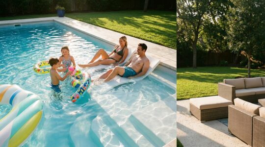 Active family enjoying crystal clear fiberglass pool with kids playing and parents relaxing