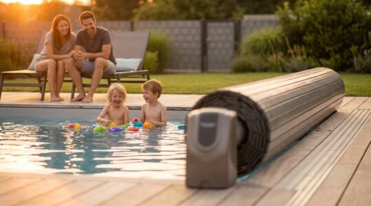 Family enjoying a safe pool area with automatic isothermal cover protecting children while maintaining comfortable water temperature