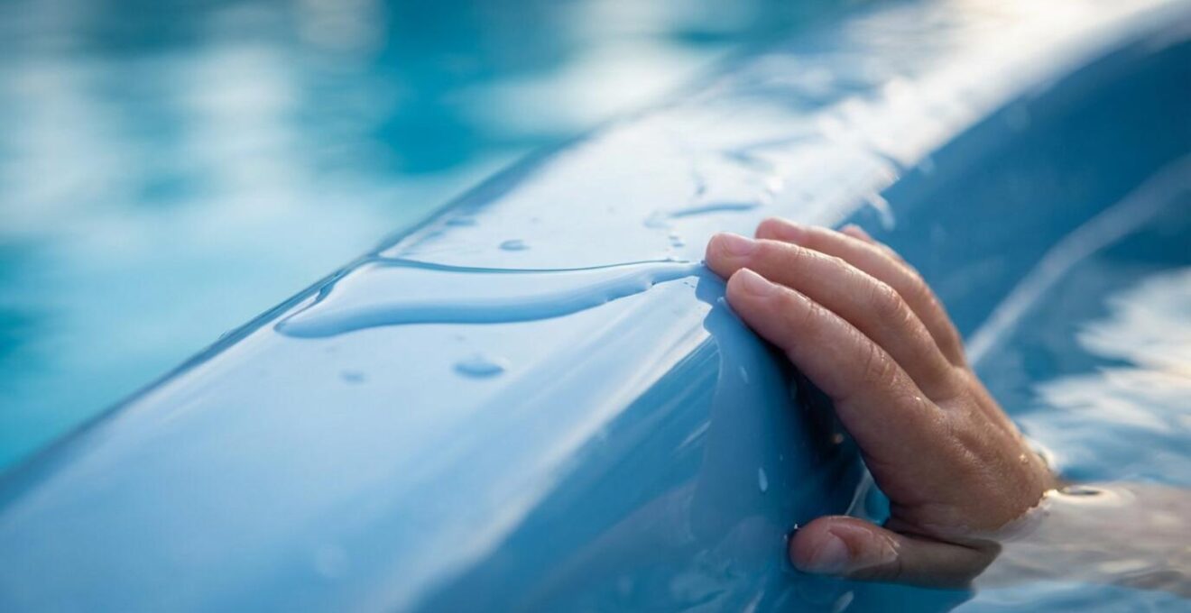 Extreme close-up of pristine fiberglass pool surface showing smooth gel coat finish