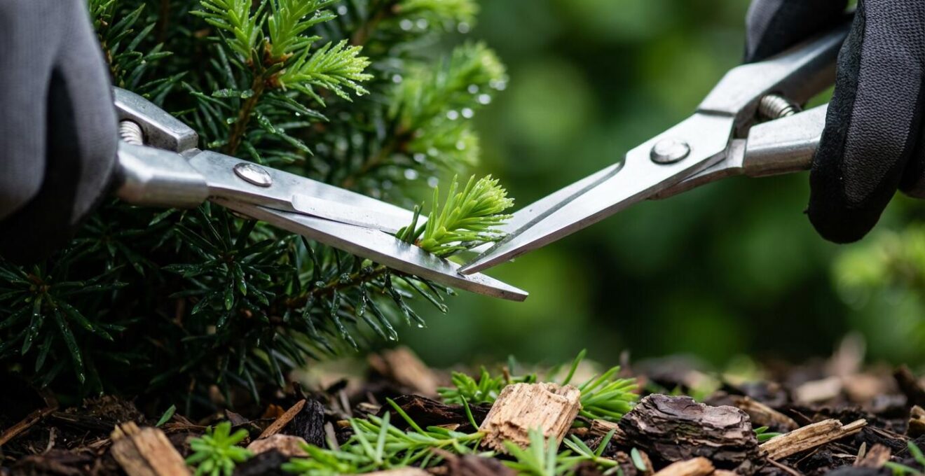 Close-up of professional pruning technique showing dense growth from hedge base