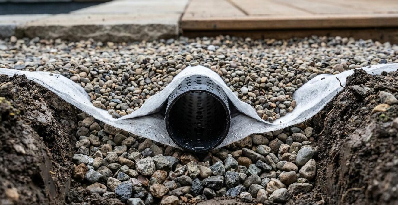 Cross-section view of French drain installation alongside pool deck showing gravel layers and perforated pipe