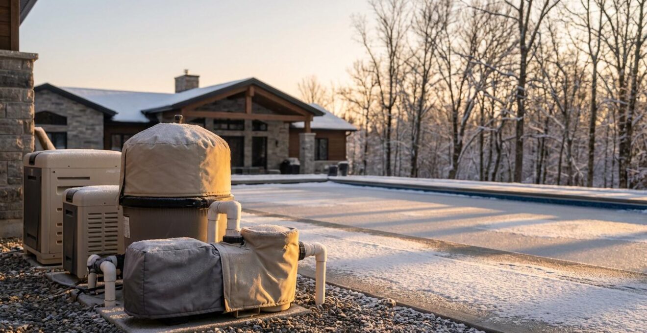 Pool equipment covered with protective insulation near frozen vacation home pool with ice formations