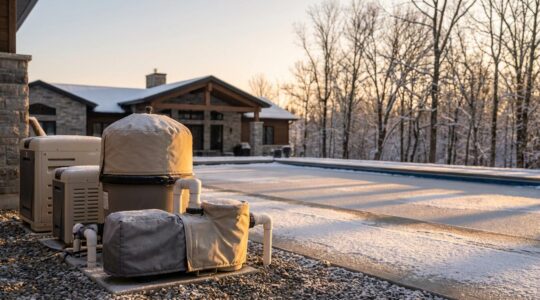Pool equipment covered with protective insulation near frozen vacation home pool with ice formations