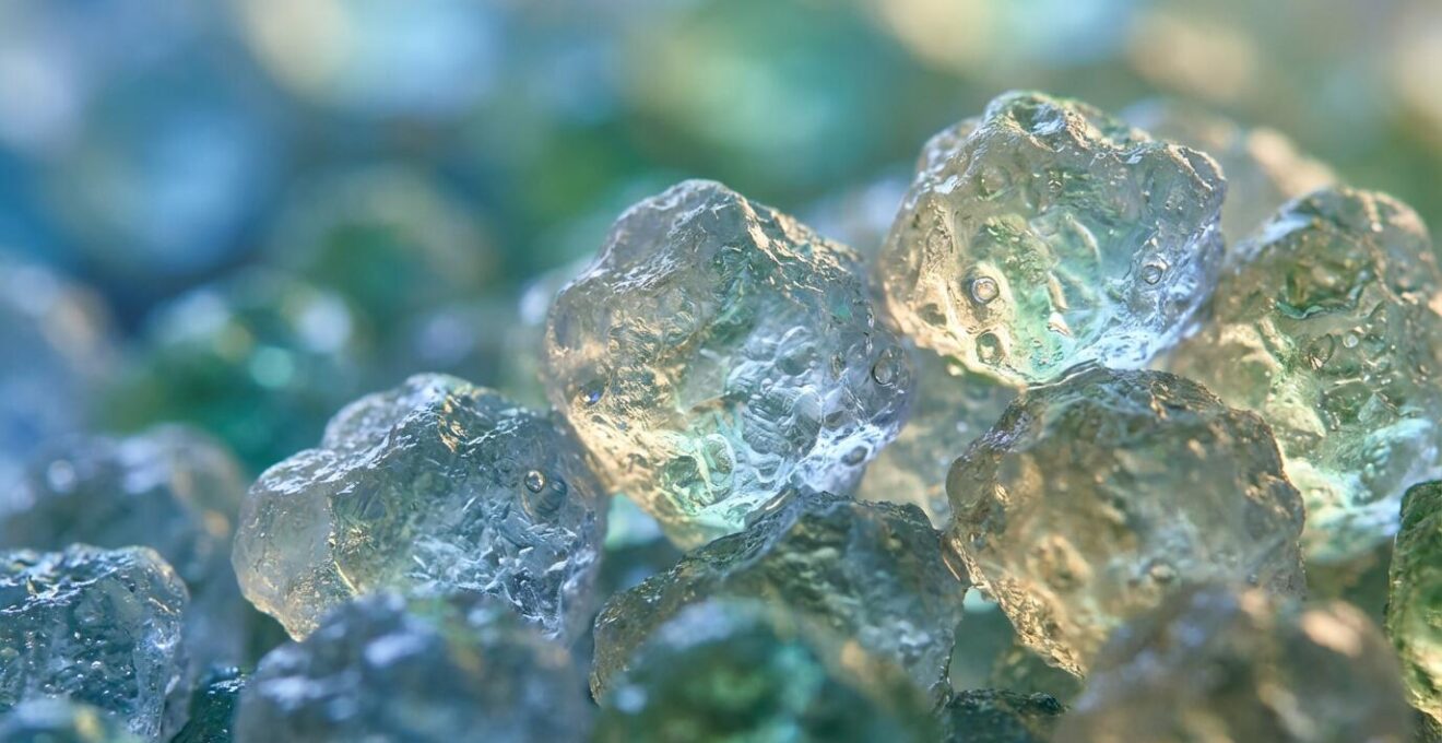 Extreme close-up of activated glass filter media showing crystalline structure and surface charge