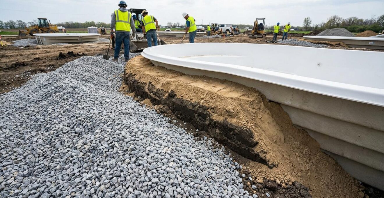Cross-section view showing proper gravel backfill around fiberglass pool walls