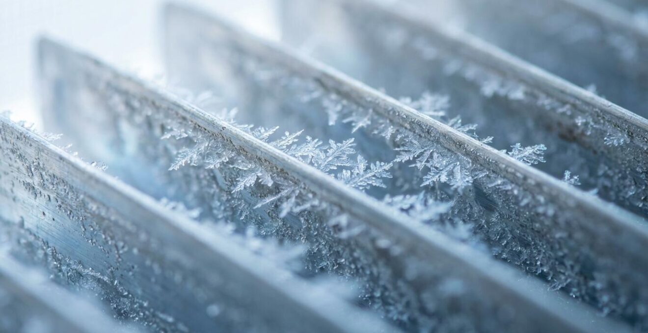 Macro view of frost formation on heat pump coils showing ice crystal patterns