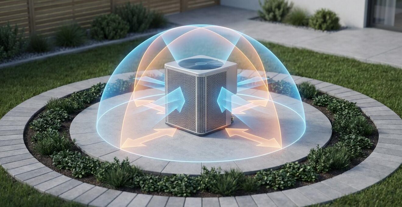 Aerial view showing correct heat pump positioning with clearance zones
