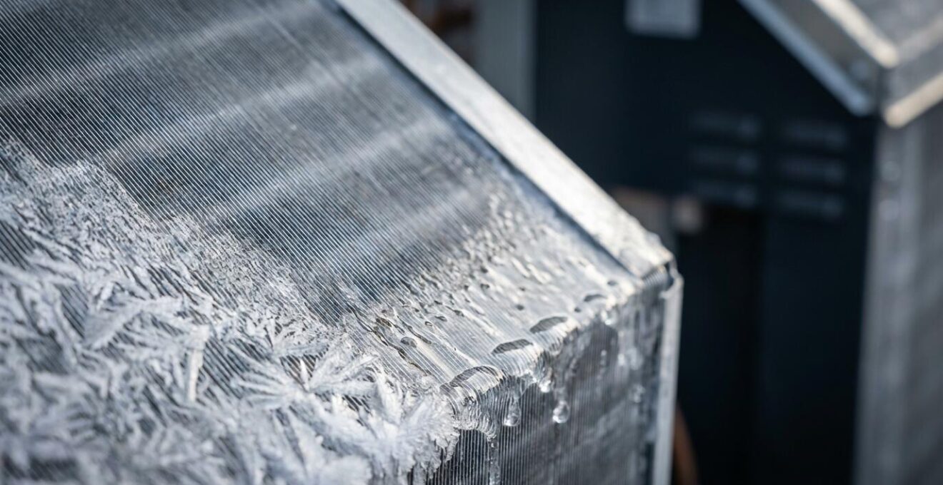 Close-up of heat pump evaporator coils during defrost cycle
