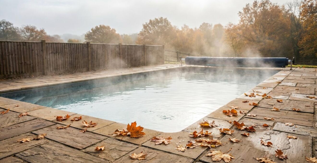 Outdoor pool with warm water and autumn leaves reflecting temperature maintenance systems