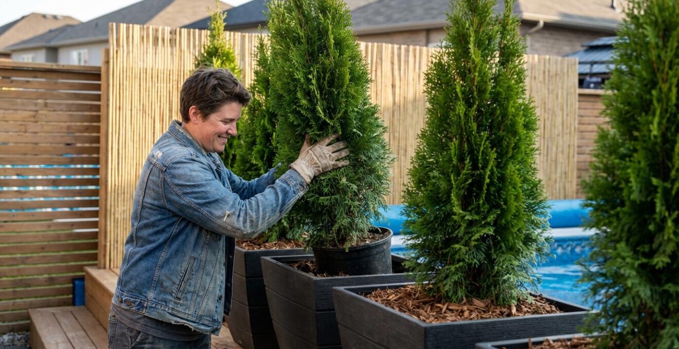 Temporary privacy screen with potted evergreens creating immediate pool privacy