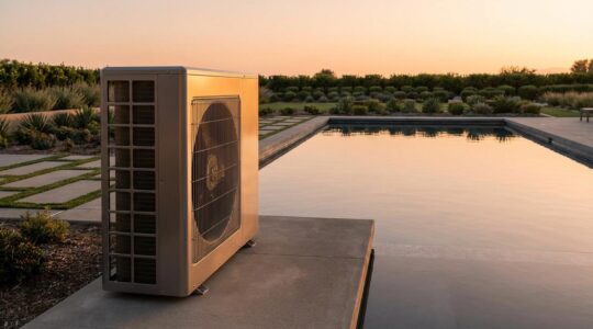 Modern inverter heat pump installed beside a large swimming pool