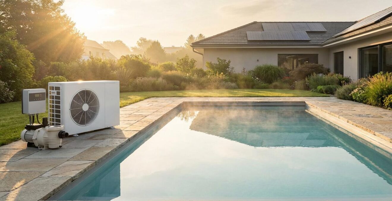 Modern pool heat pump system with solar panels on roof showcasing carbon footprint reduction technology