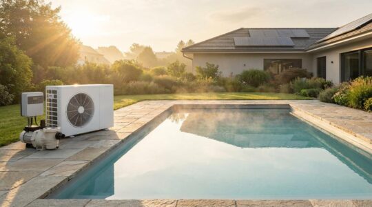Modern pool heat pump system with solar panels on roof showcasing carbon footprint reduction technology