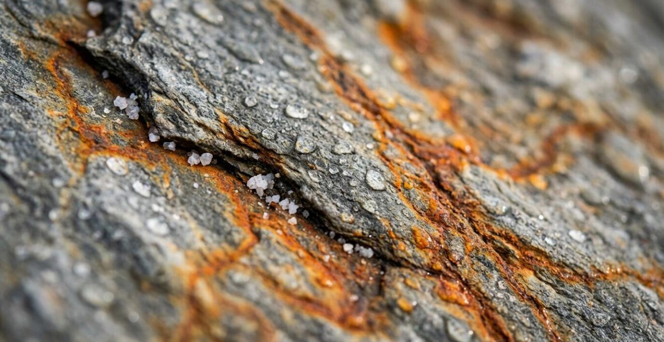 Macro shot of grey stone surface showing orange rust patterns from iron oxidation