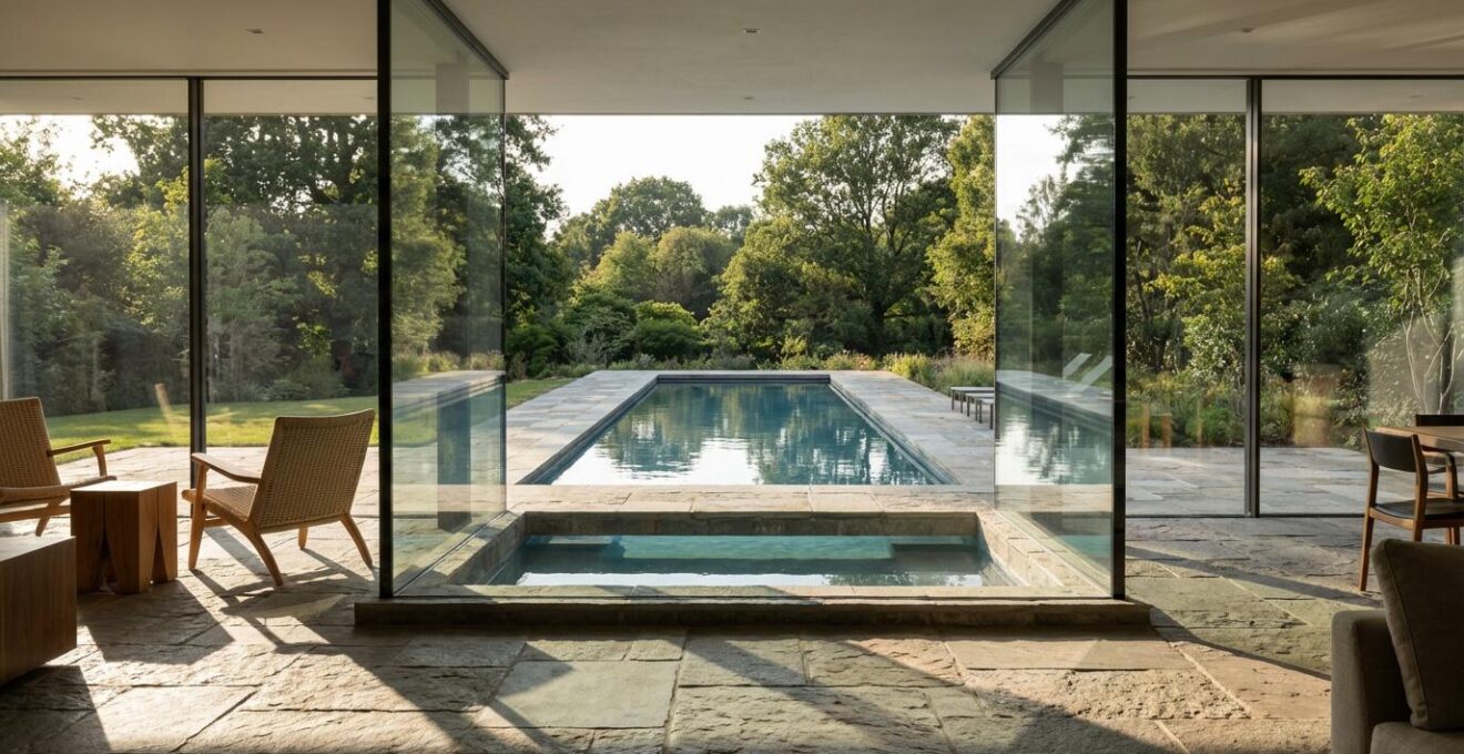View through floor-to-ceiling windows from living room perfectly framing pool and landscape
