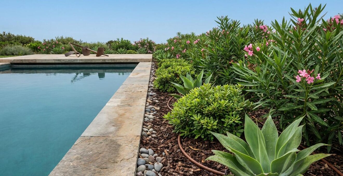 Vibrant poolside garden with resilient flowering shrubs and tropical plants surrounding a swimming pool