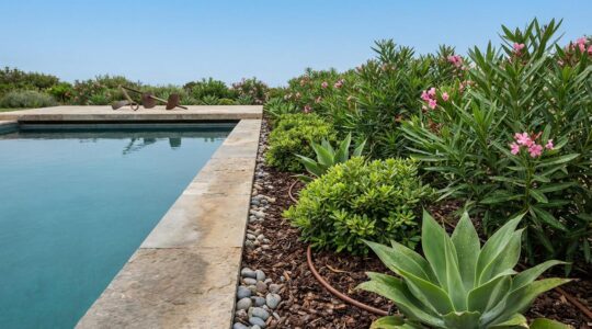 Vibrant poolside garden with resilient flowering shrubs and tropical plants surrounding a swimming pool