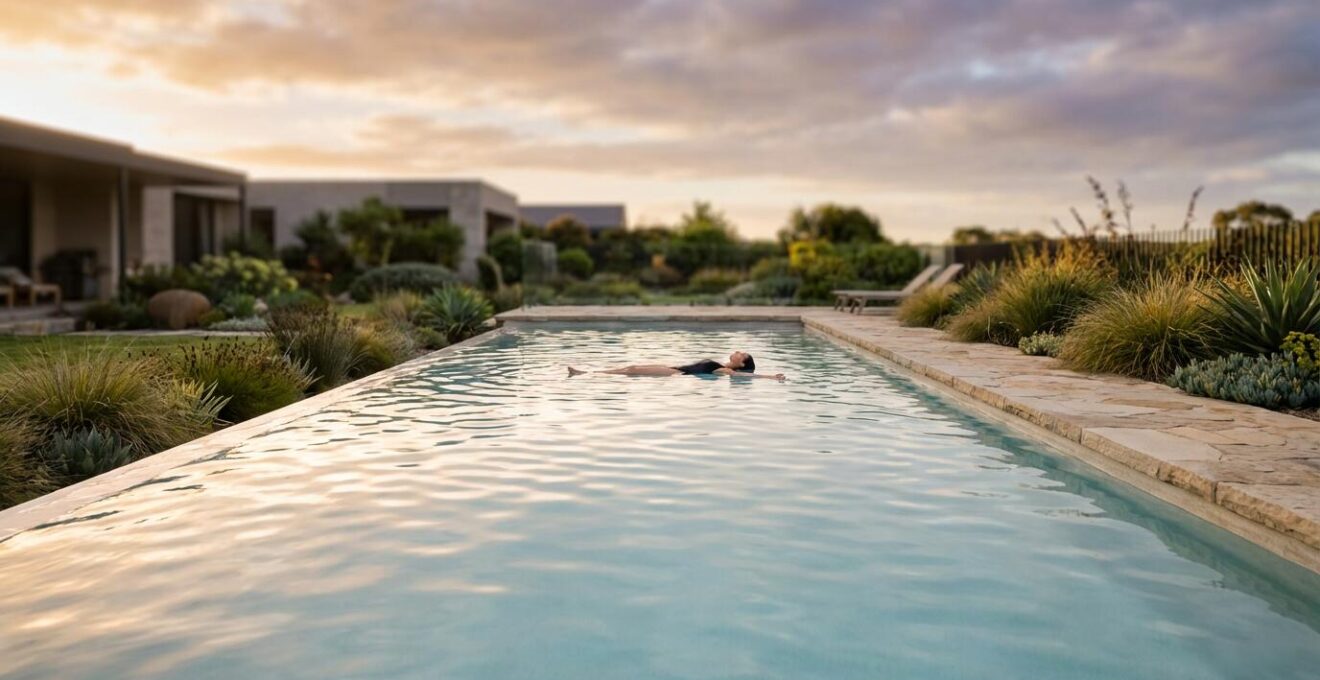 Serene backyard magnesium pool with crystalline water creating a spa-like wellness retreat atmosphere